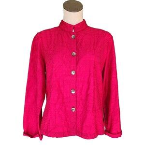 Chicos Vintage Silk Floral Embroidered Fuchsia Cropped Womens Top Shirt Large